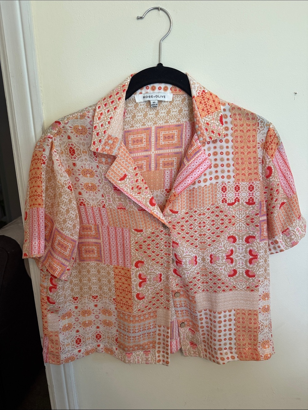 Rose & Olive Patchwork Button-Front Shirt in Peach, Pink & Cream